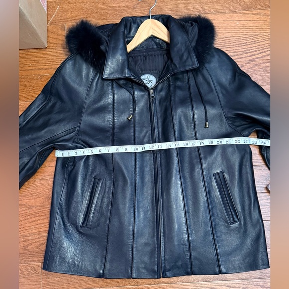 Women's Black Leather Hooded Jacket with Fur Trim - Genuine Leather - Picture 8 of 13